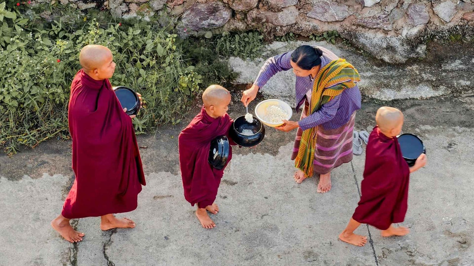 Monk alms bowl and simple rice offering