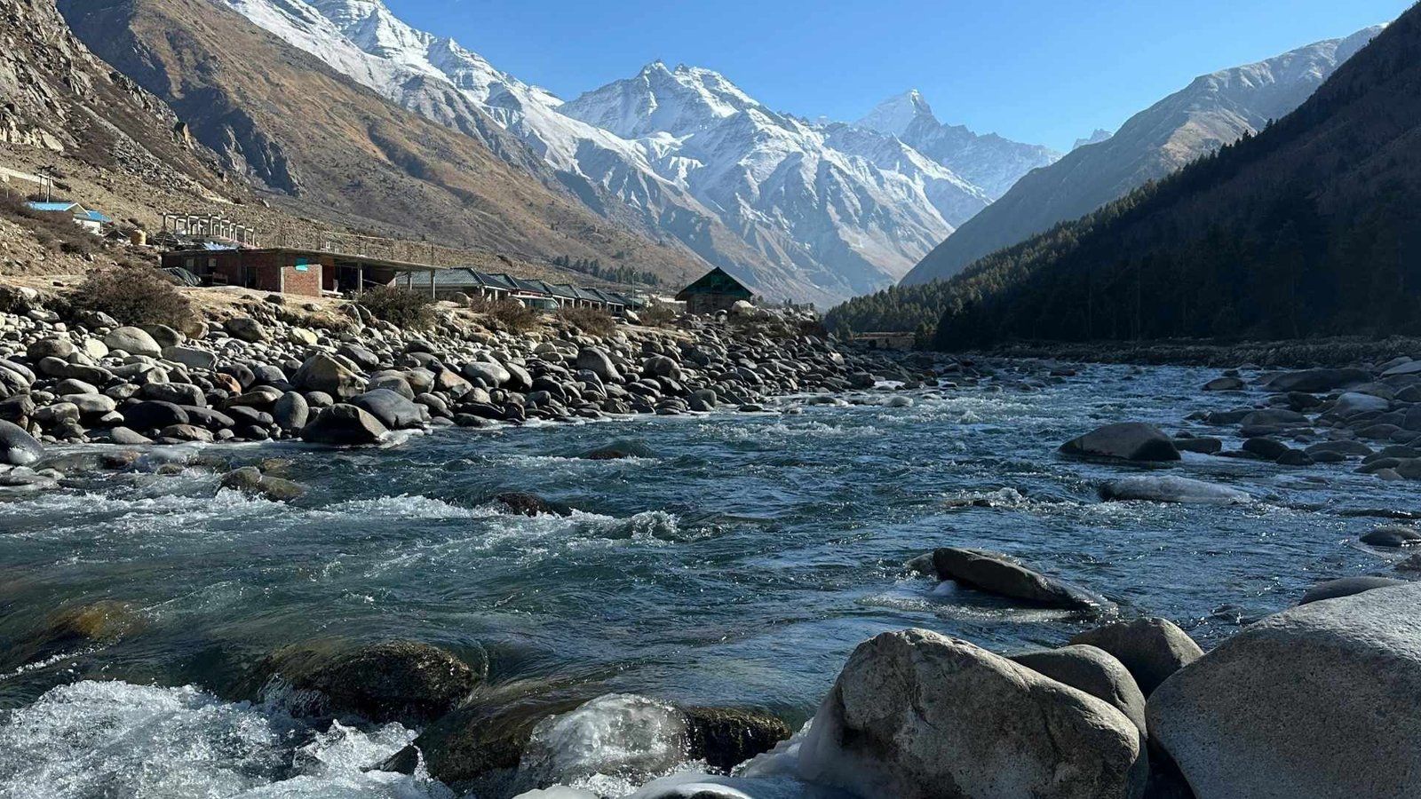 Peaceful river and mountains in the morning