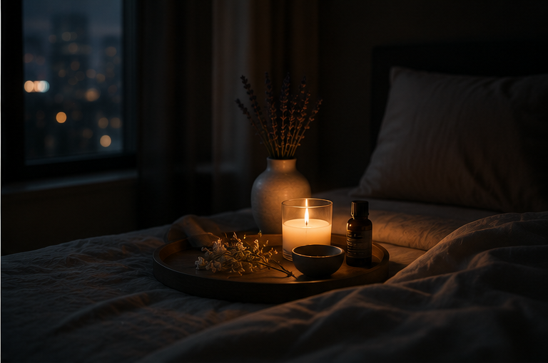 Luxury bedside night ritual and sleep recovery signal