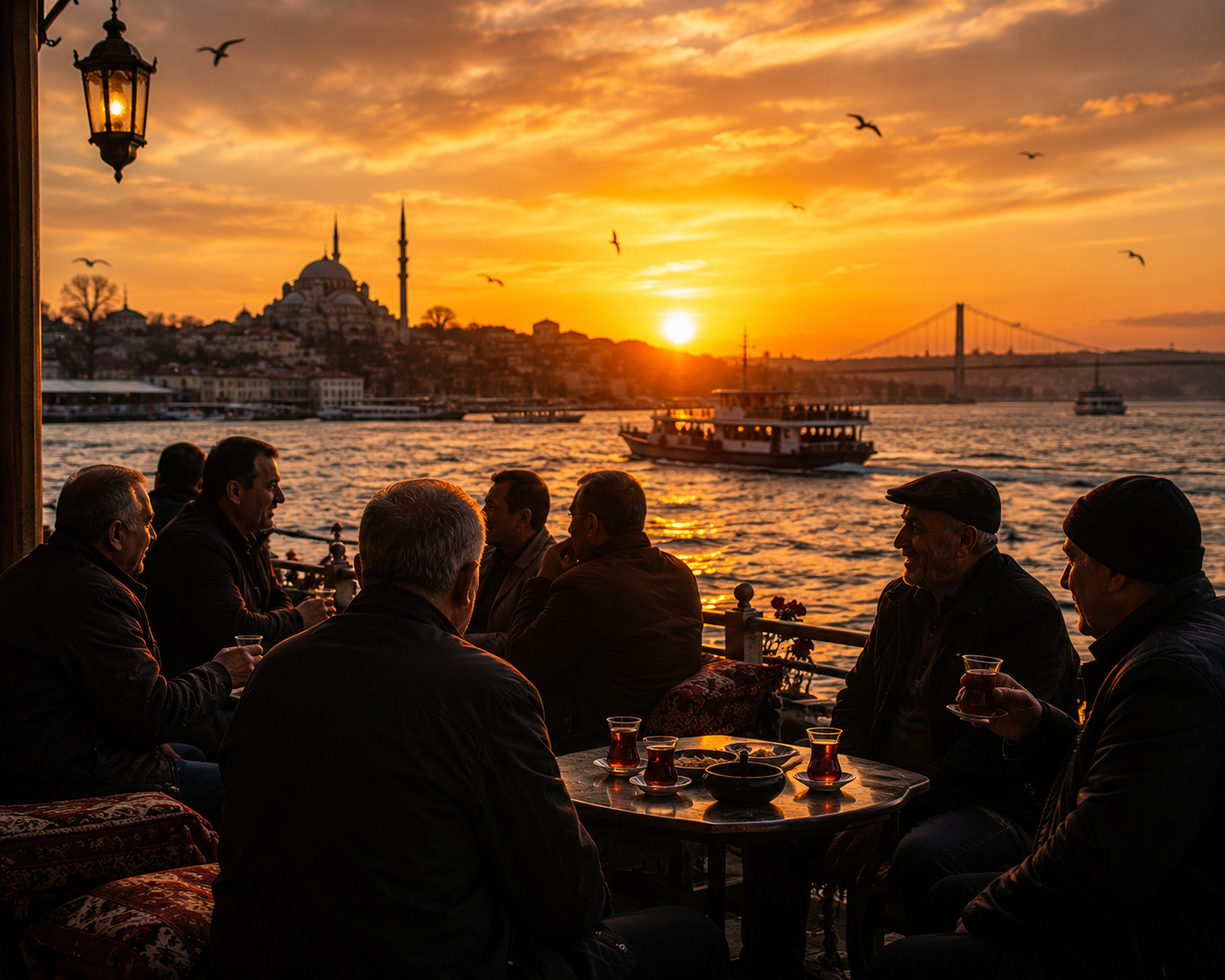 Istanbul rainy night tea scene