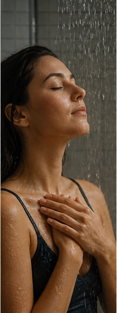 冷水の儀式の中で穏やかに呼吸する様子