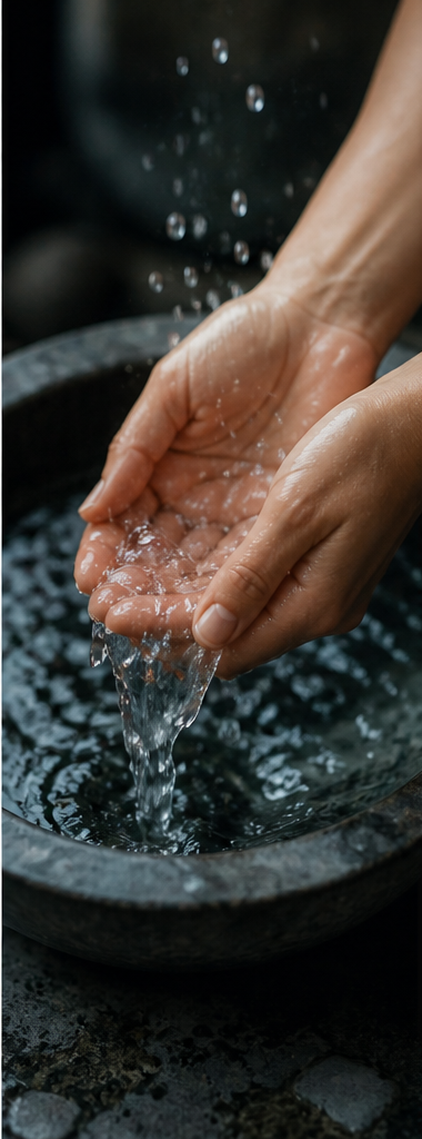 冷たい水に手をそっと入れる様子