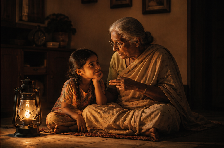 Grandmother storytelling in warm evening light
