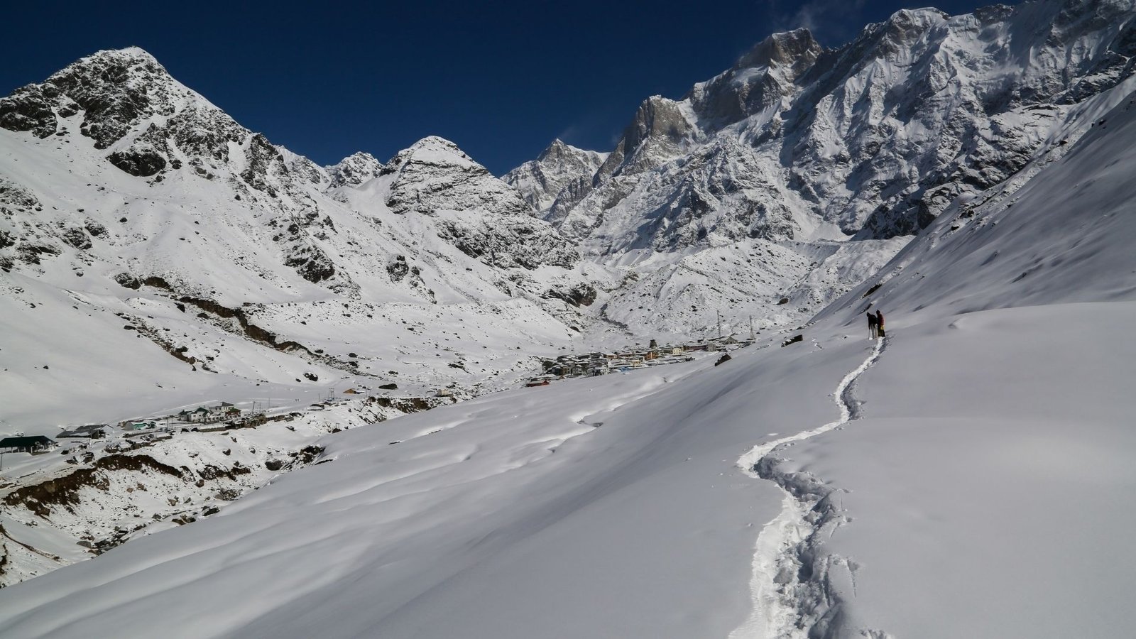 A rough snow trail crossing a high Himalayan pass