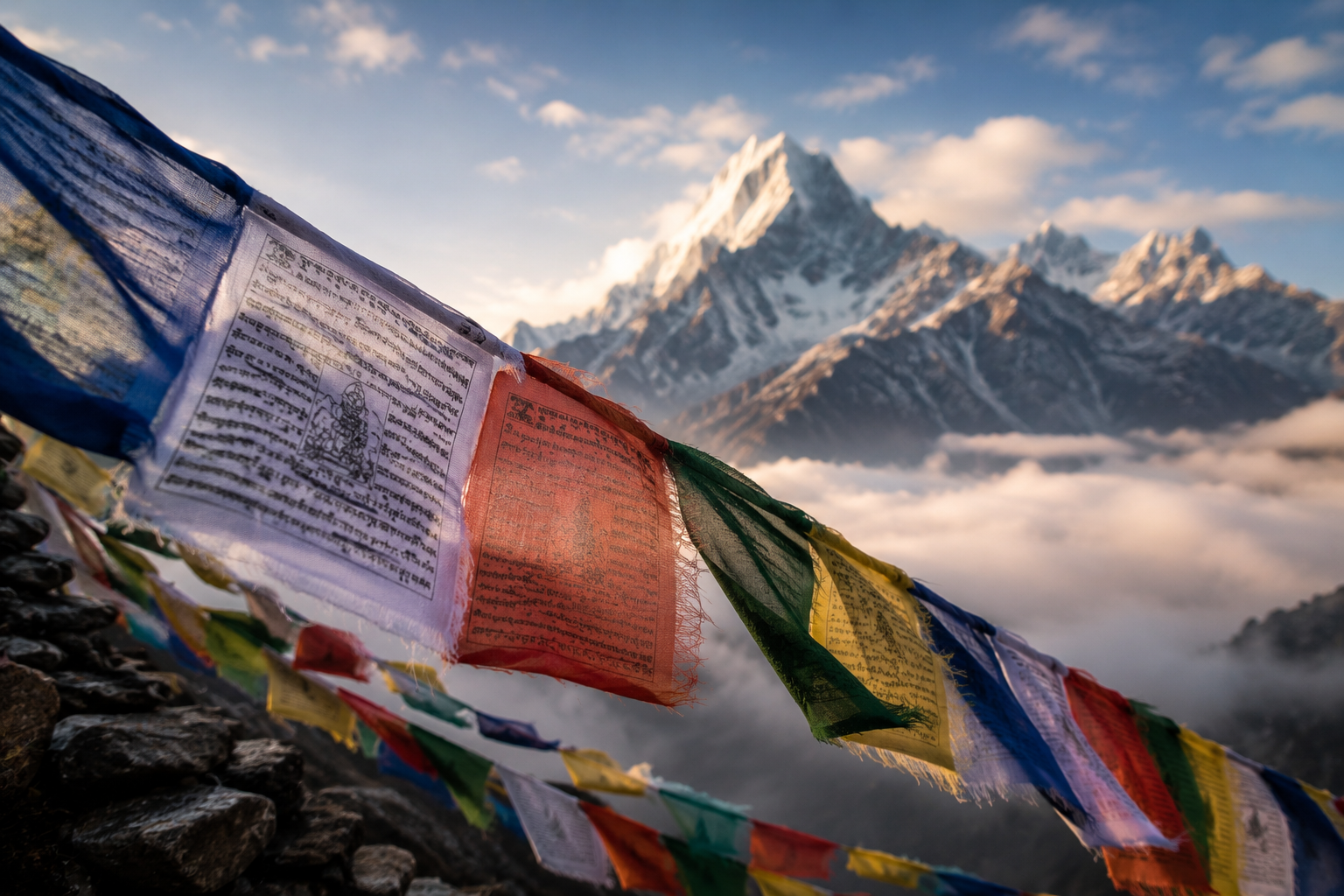 Prayer flags against Himalayan mountains