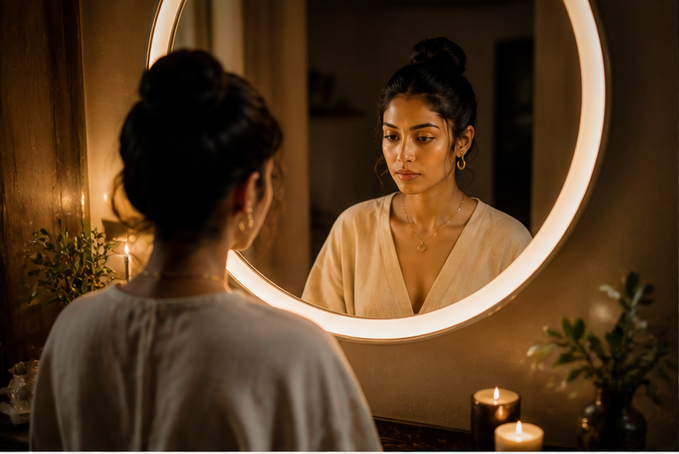 Standing before a mirror in quiet reflection