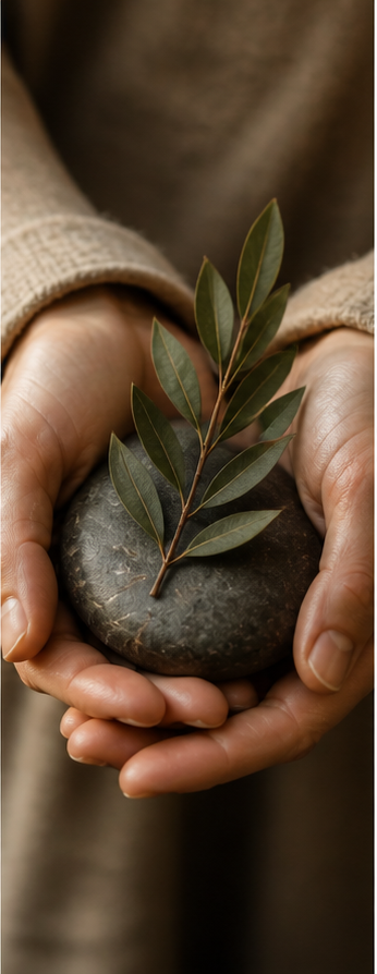 Hands holding leaf or stone