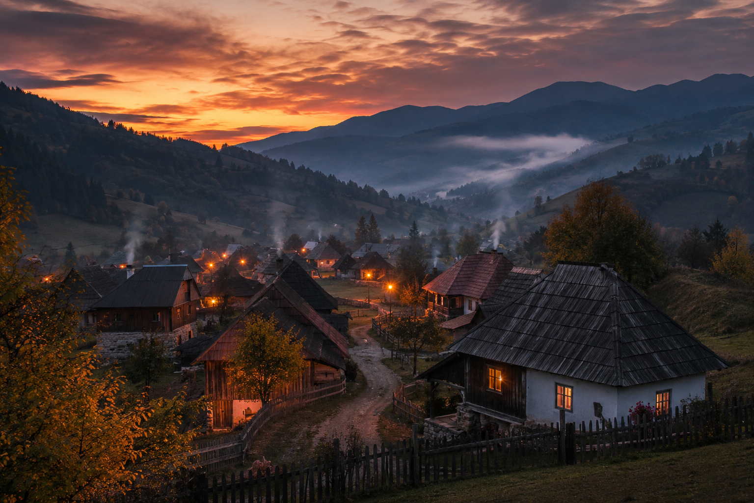 Romanian mountain village at evening