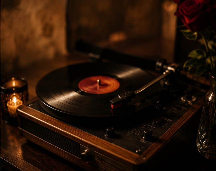 A record player or speaker playing soft tango music