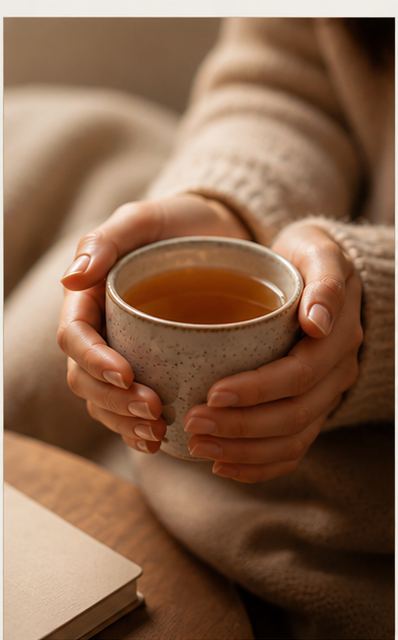Hands holding tea in peaceful morning
