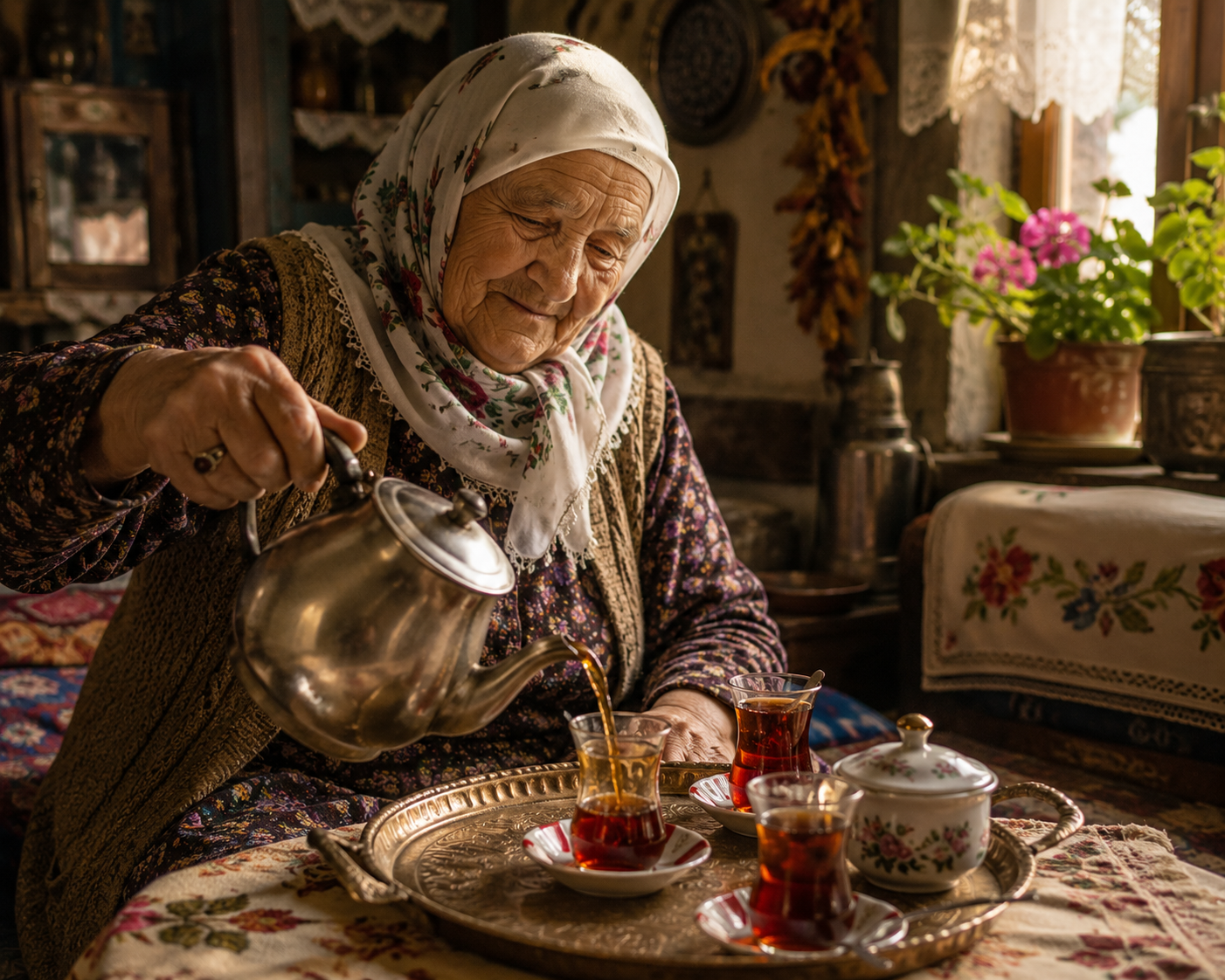 Turkish grandmother pouring tea