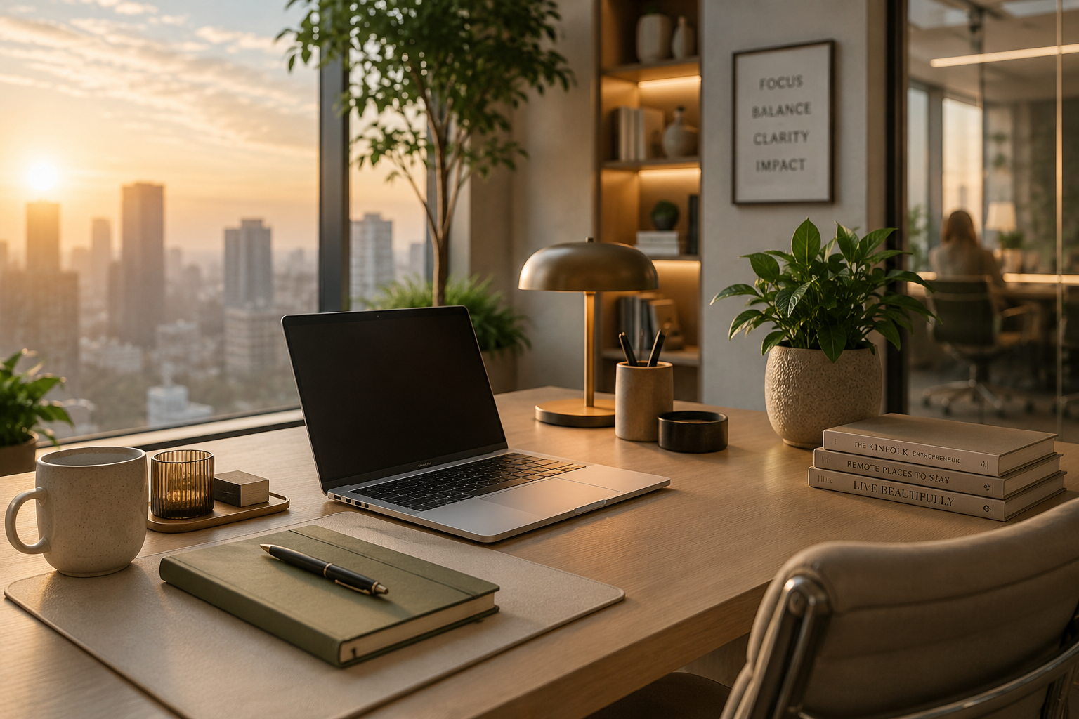 Calm executive workspace with soft morning light