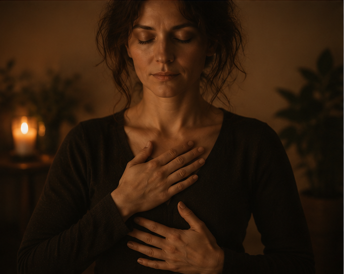 A person gently placing a hand over the heart