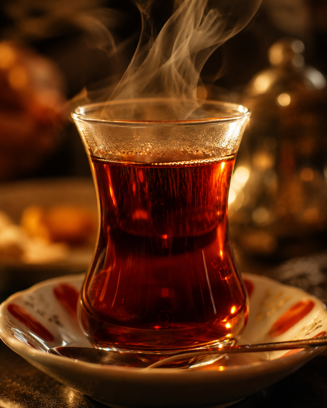Close-up Turkish tea glass with steam