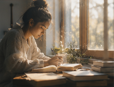 Student calm focus by window