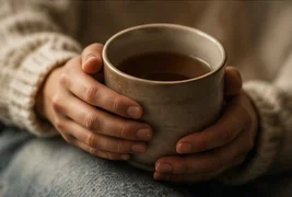 A simple cup of tea held in warm hands