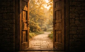 An open doorway leading to a quiet path