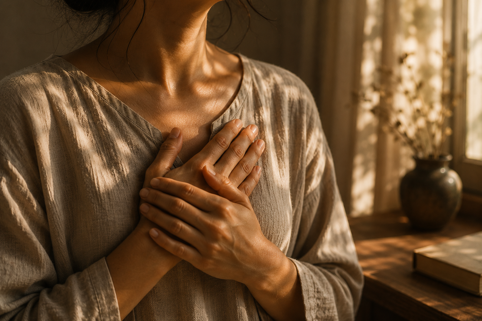 Hands resting gently on the heart