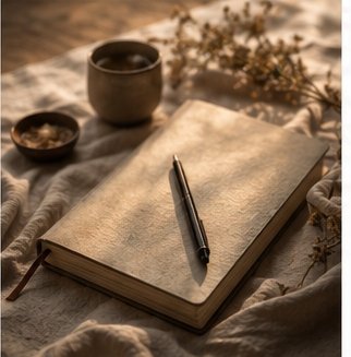 Open journal with tea and pen
