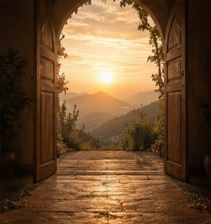 A peaceful doorway opening toward sunrise
