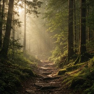 Quiet forest path in soft light