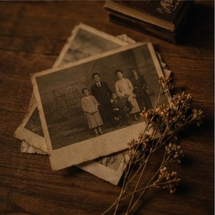 Old photographs on wooden table