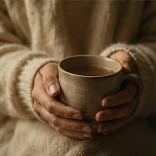 Quiet hands holding warm cup