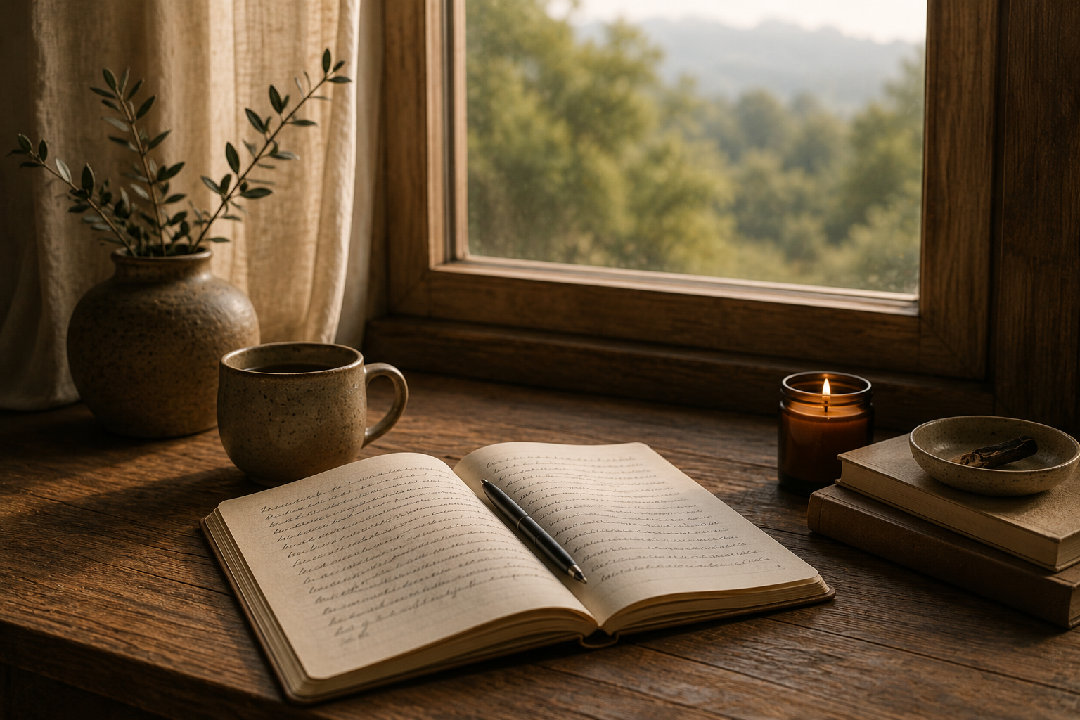 Open journal beside a window in soft morning light