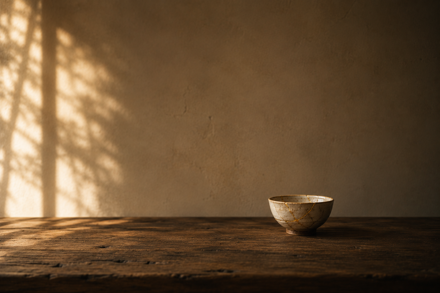 Old repaired bowl on a quiet wooden table