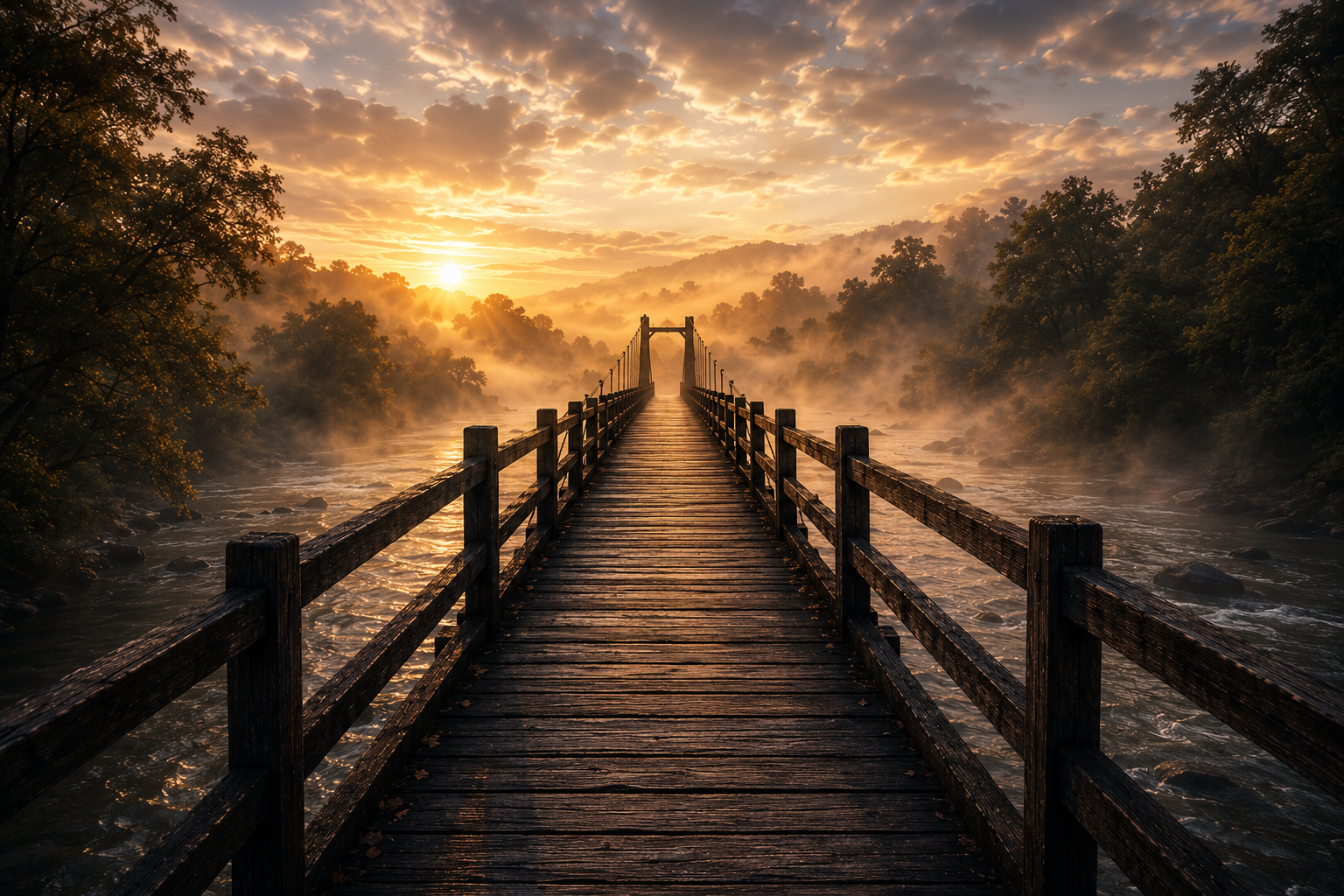 A quiet bridge disappearing into morning mist