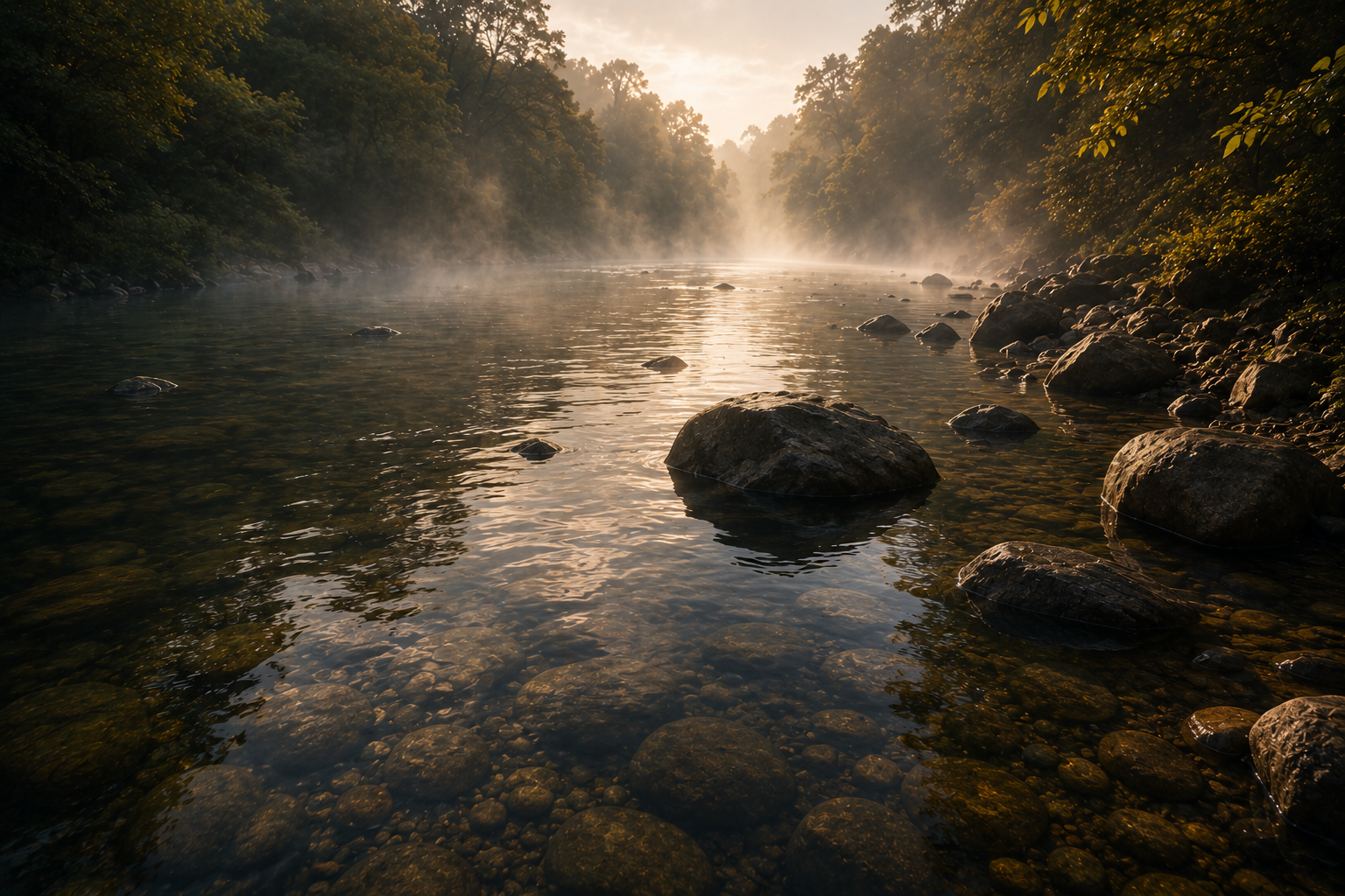 A silent river beneath a bridge