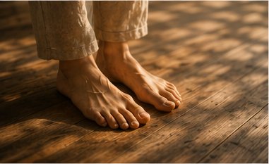 Bare feet touching wooden floor in morning light