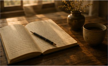 Open journal with tea and pen