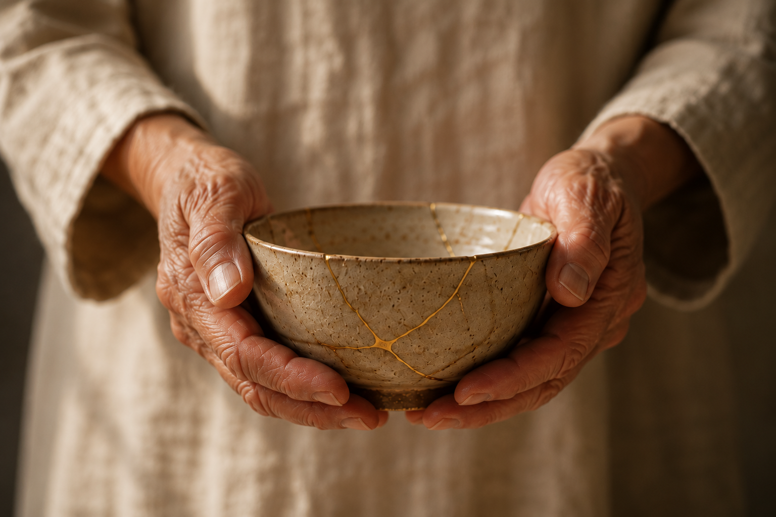 Gentle hands holding an old repaired bowl