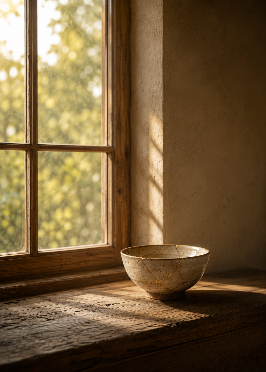 Old repaired bowl resting near a quiet window