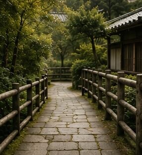 Quiet Japanese pathway and wooden railing