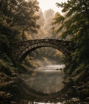 Ancient stone bridge in morning mist