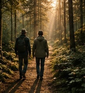 Two people walking quietly through a forest