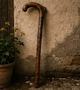 Old walking stick leaning against a cottage wall
