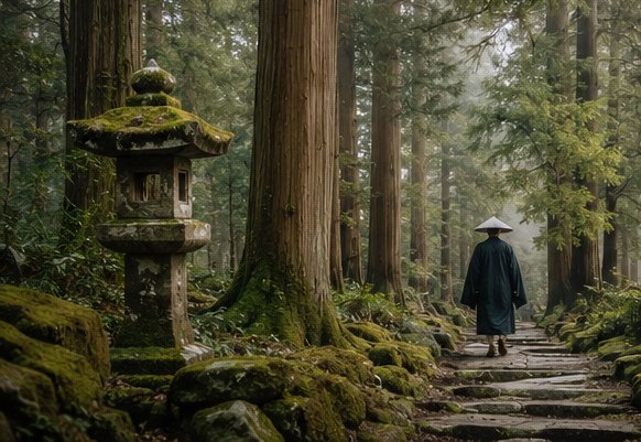 杉の森を歩く僧