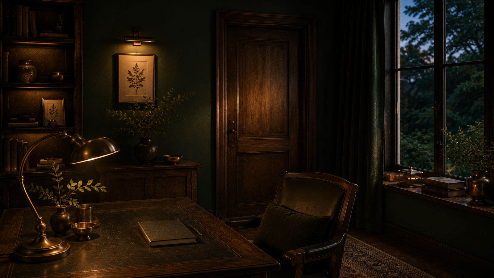 Private Healnest study with a closed wooden door, writing desk and warm evening light