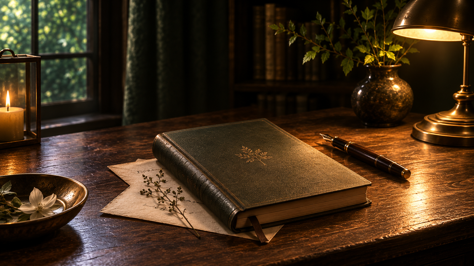 Closed notebook resting privately on a walnut writing desk in warm lamplight