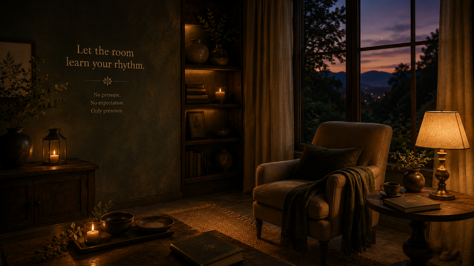 A quiet evening room arranged with an empty chair, soft lamp light and space to rest