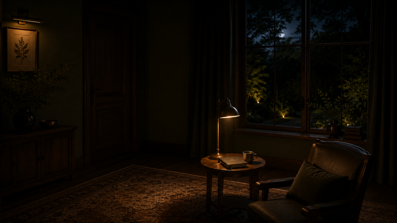 Quiet empty room at night with a closed notebook and soft low lamplight