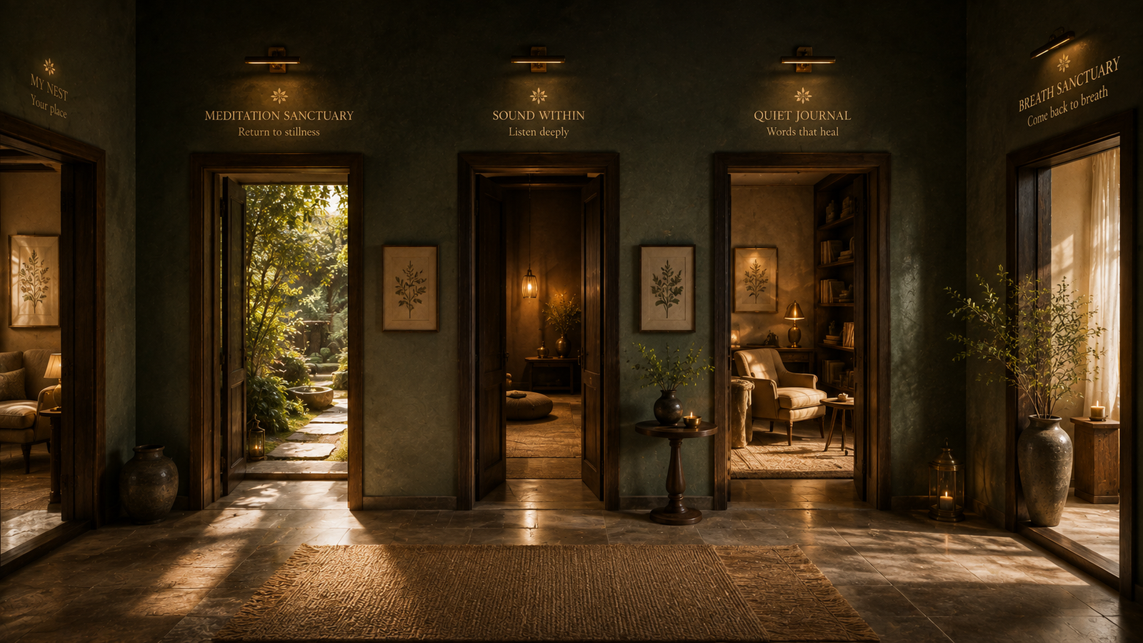 A refined interior with several gentle doorways leading toward different quiet spaces