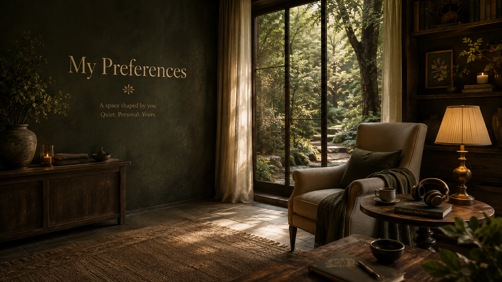 Quiet Healnest interior with an armchair, reading objects and a garden beyond