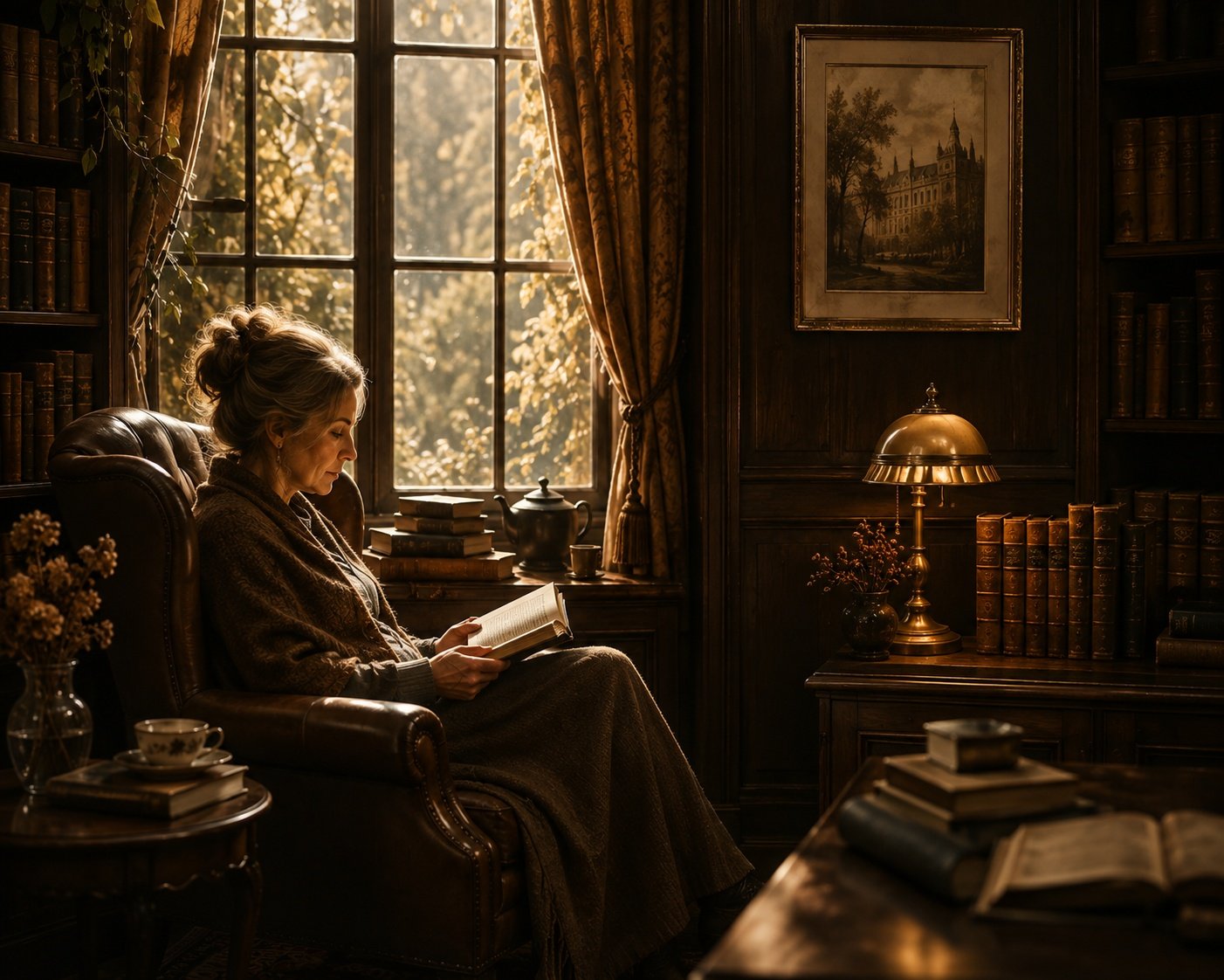 A quiet lamp-lit room for reading and reflection