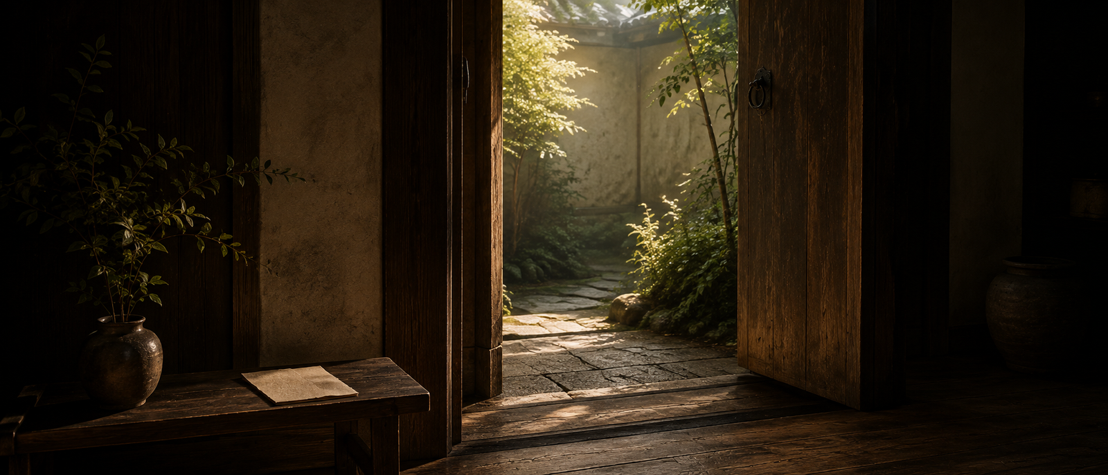 A quiet doorway representing the deliberate passage from private writing to an offered work
