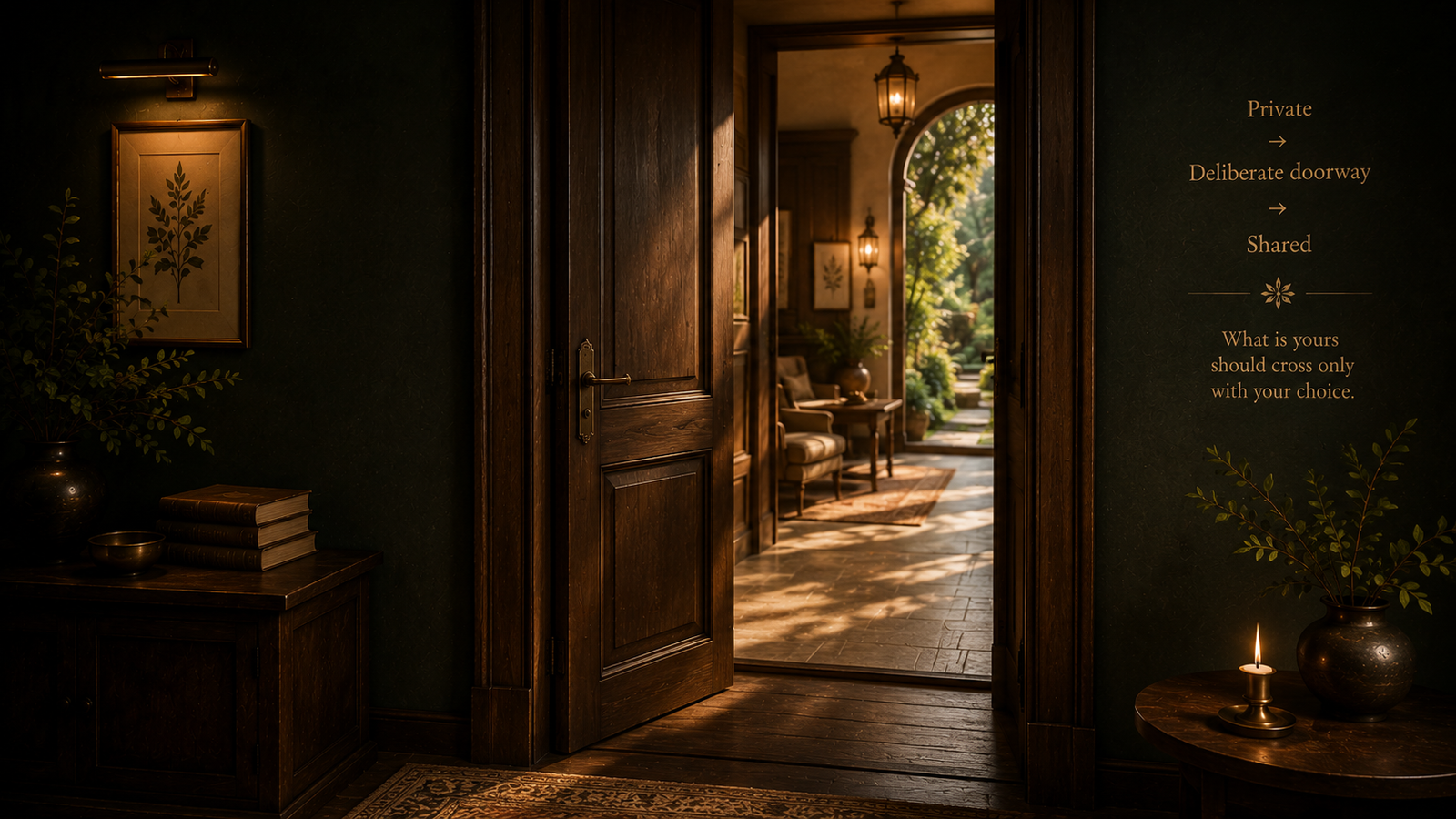 Elegant doorway marking the quiet threshold between a private room and a shared space