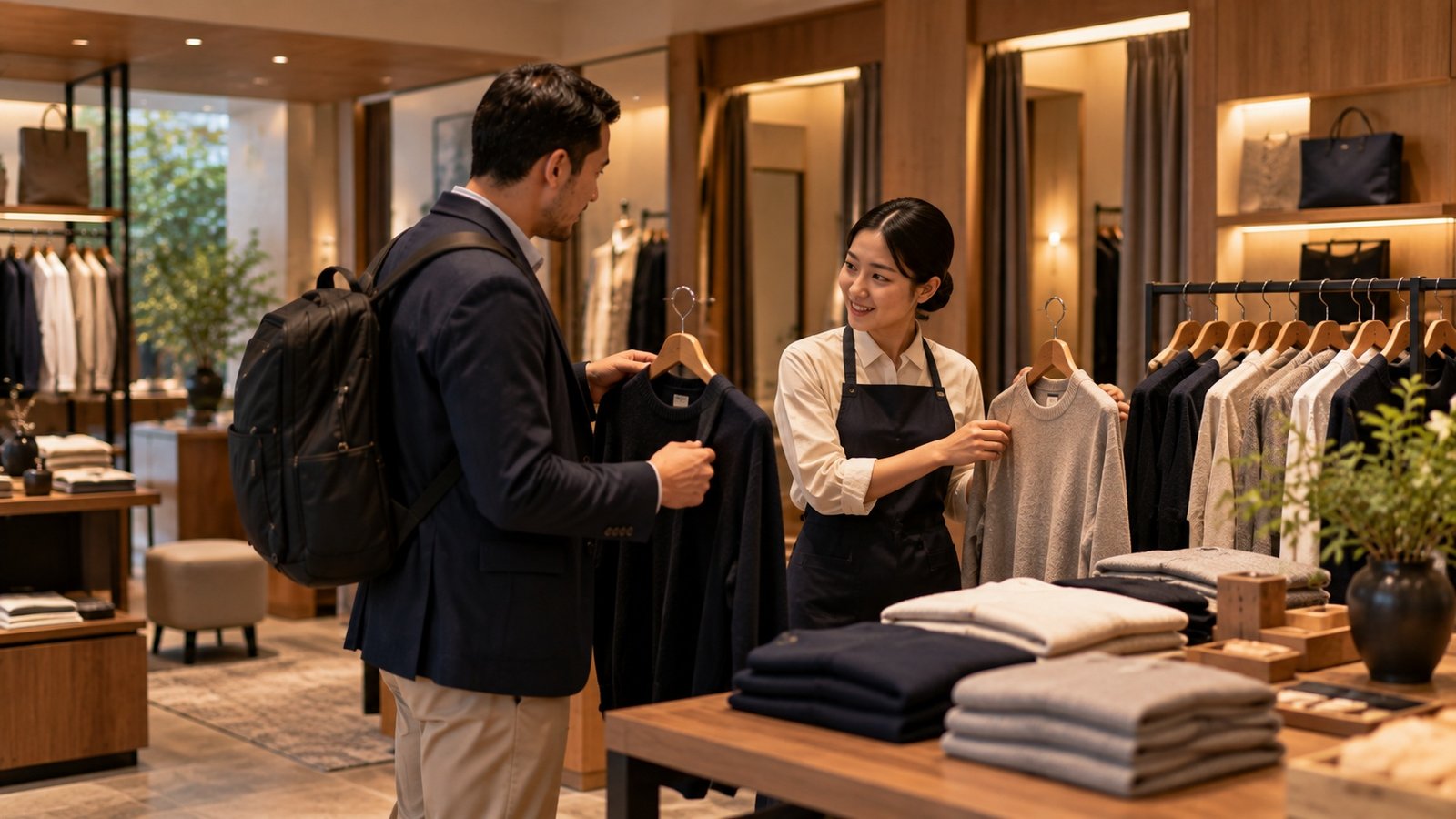 Customer asking Japanese shop staff about size and colour